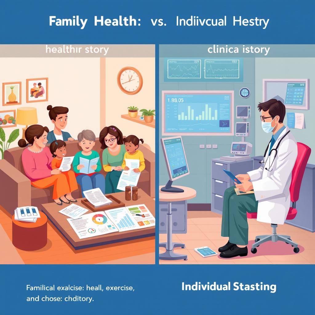 A visually engaging and informative scene depicting a family health story and an individual clinical history