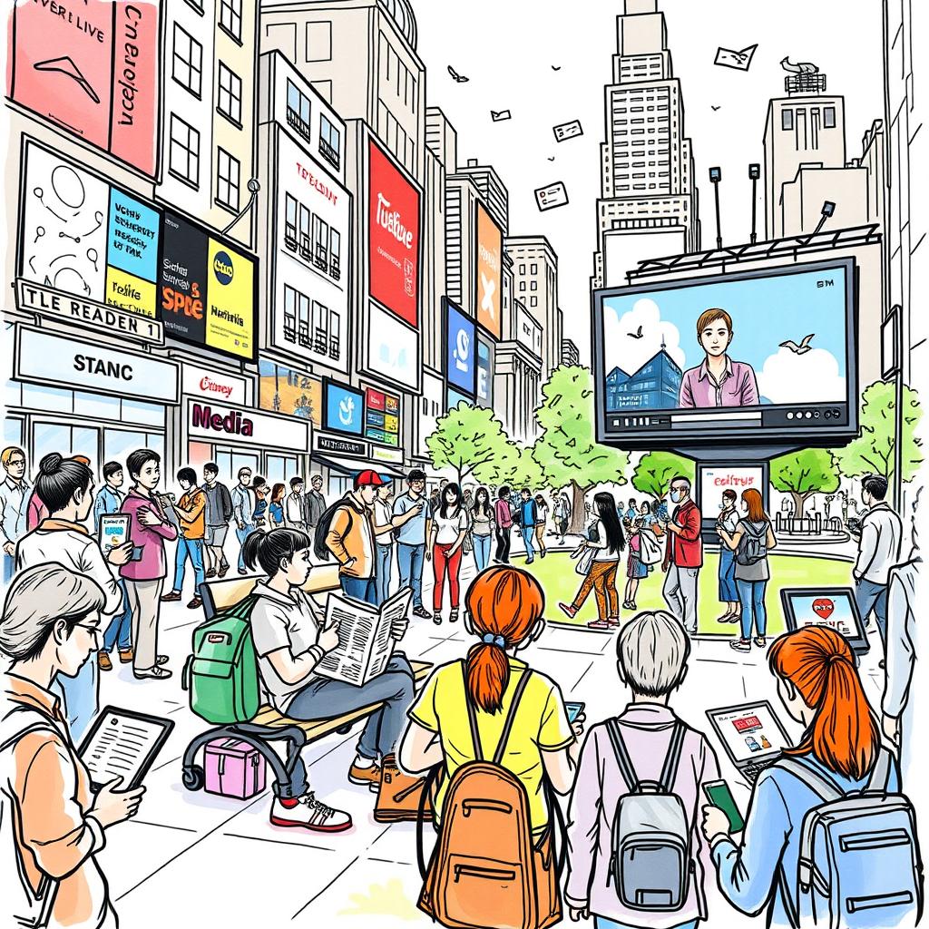 A detailed sketch illustrating how different types of media impact everyday life