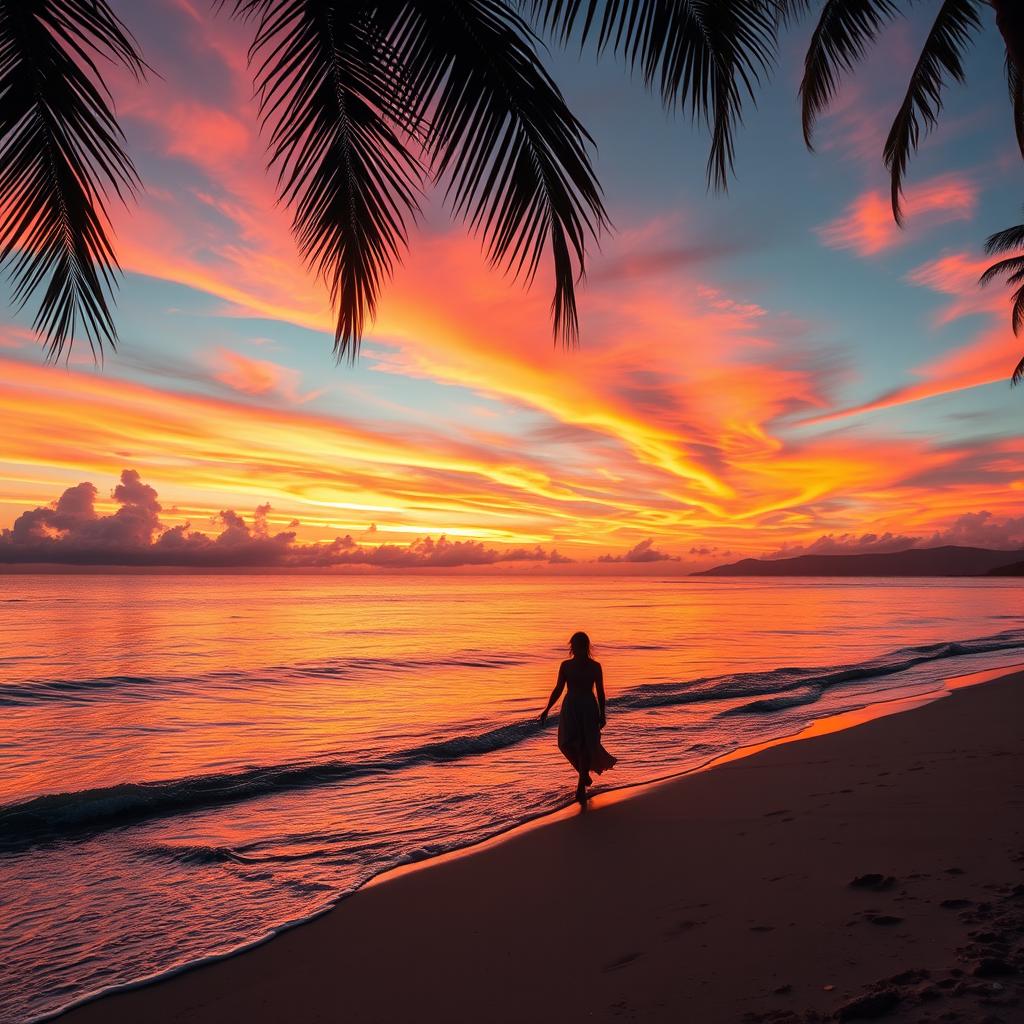 A breathtaking sunset over a tranquil beach, with vibrant oranges, pinks, and purples painting the sky