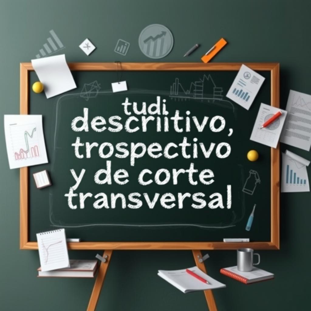 An artistic representation of the phrase 'Estudio descriptivo, retrospectivo y de corte transversal' creatively displayed in an academic setting