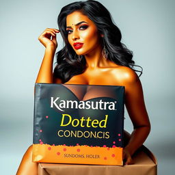 A sexy Indian model prominently displayed on the packaging of Kamasutra condoms, showcasing her big boobs as she poses seductively