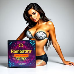 A sexy Indian model prominently displayed on the packaging of Kamasutra condoms, showcasing her big boobs as she poses seductively