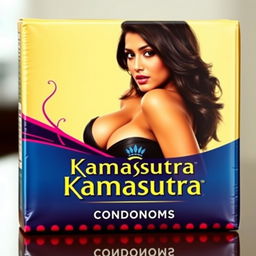 A sexy Indian model prominently displayed on the packaging of Kamasutra condoms, showcasing her big boobs as she poses seductively