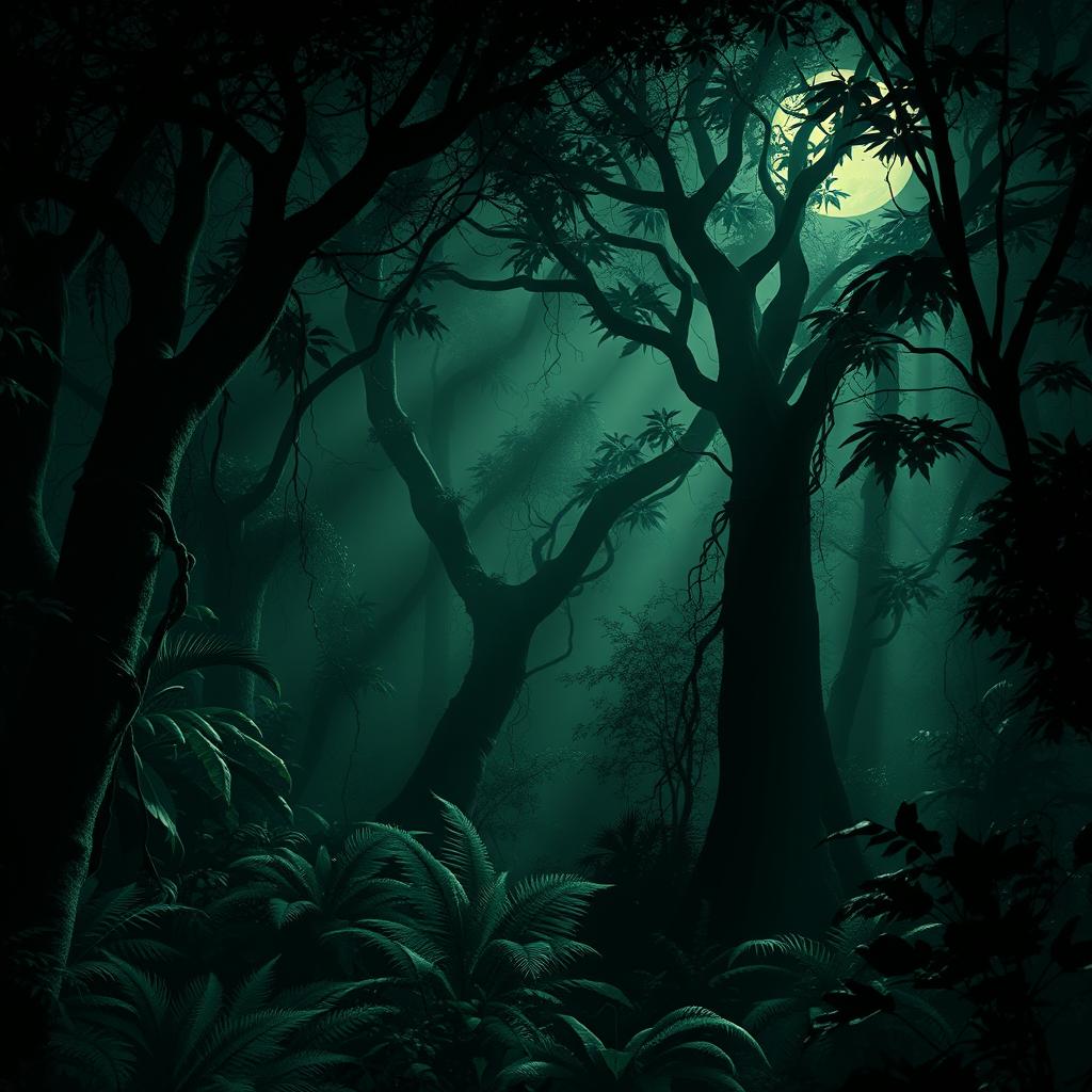 A mysterious, dark jungle scene featuring dense, towering trees with thick leaves and vines, a misty atmosphere with shafts of moonlight breaking through the canopy, creating an eerie yet enchanting glow