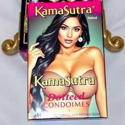 A sexy Indian model prominently displayed on the packaging of Kamasutra condoms, showcasing her big boobs while posing seductively