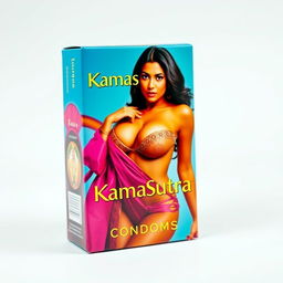 A sexy Indian model prominently displayed on the packaging of Kamasutra condoms, showcasing her big boobs while posing seductively