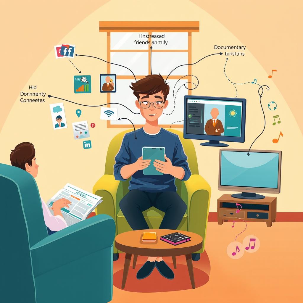 A conceptual illustration depicting various types of media and their impact on everyday life