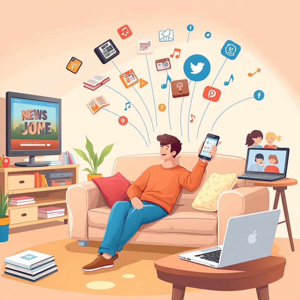 A creative illustration showing the influence of various types of media on daily life