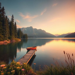 A serene landscape depicting a tranquil lake surrounded by tall evergreen trees and majestic mountains in the background