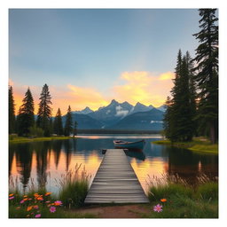 A serene landscape depicting a tranquil lake surrounded by tall evergreen trees and majestic mountains in the background