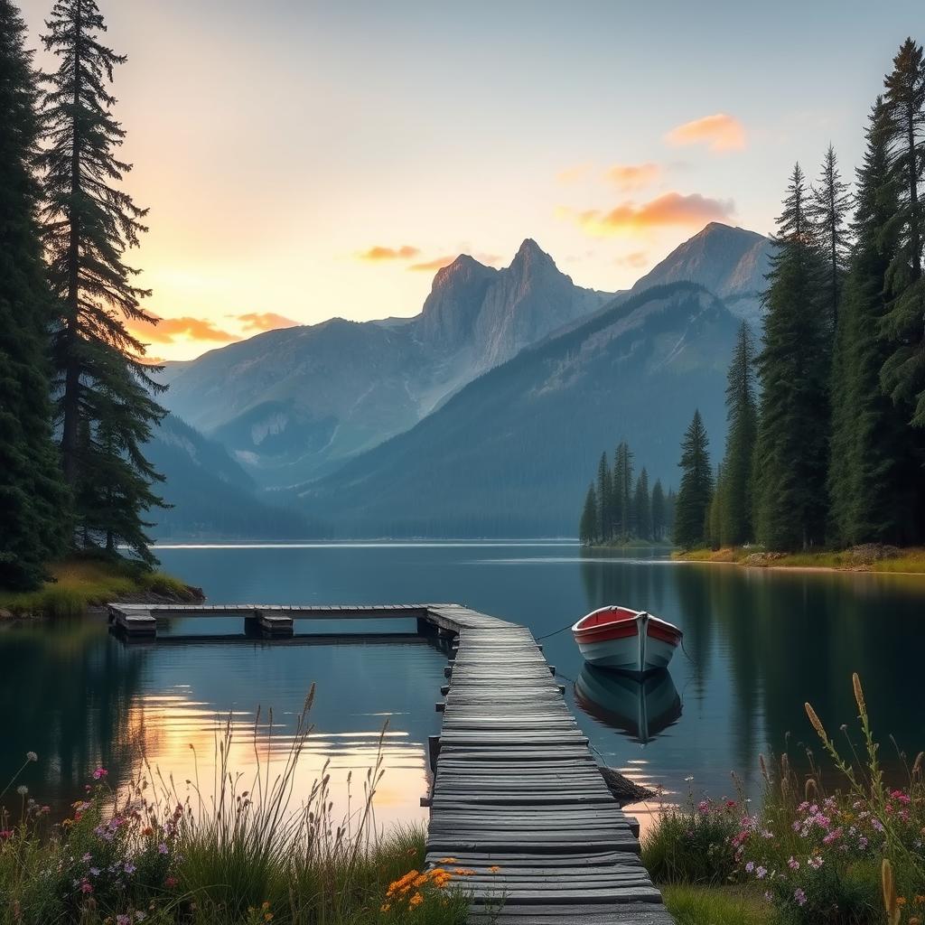 A serene landscape depicting a tranquil lake surrounded by tall evergreen trees and majestic mountains in the background