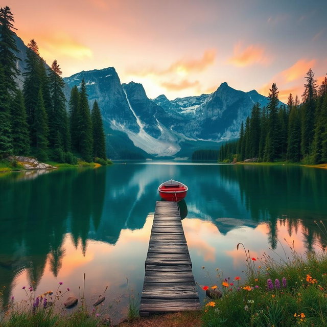 A serene landscape depicting a tranquil lake surrounded by tall evergreen trees and majestic mountains in the background