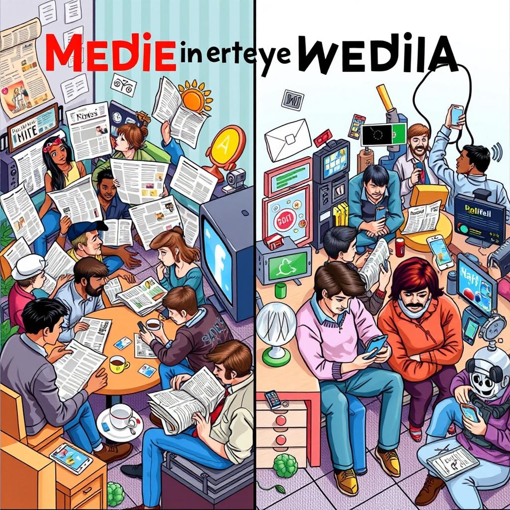 A detailed illustration depicting various types of media influencing everyday life