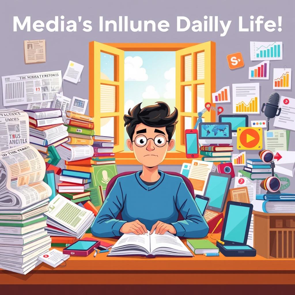 A digital illustration showing a person sitting at a cluttered desk surrounded by various types of media that influence daily life
