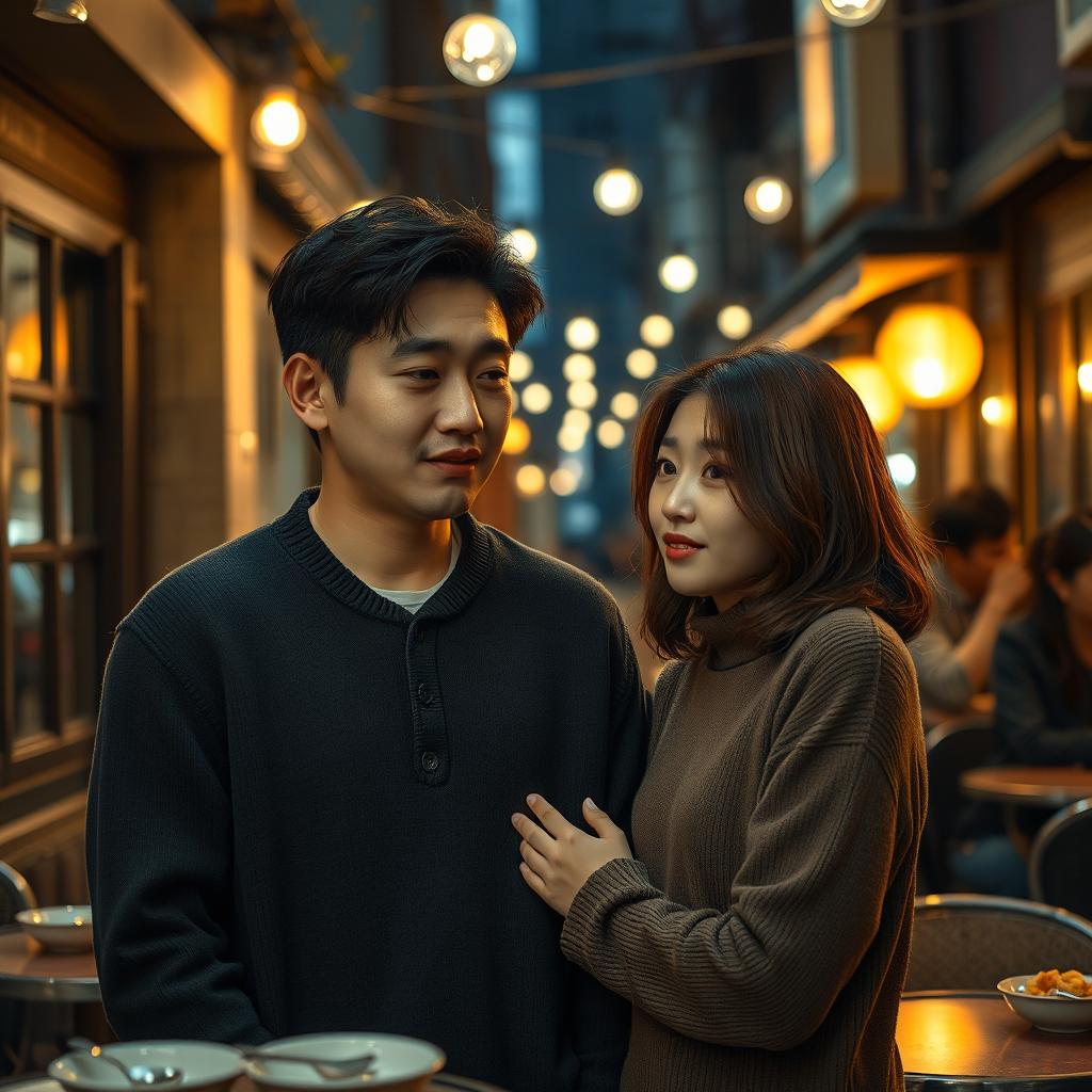 A romantic night scene set in a cozy street cafe, dimly lit by warm string lights