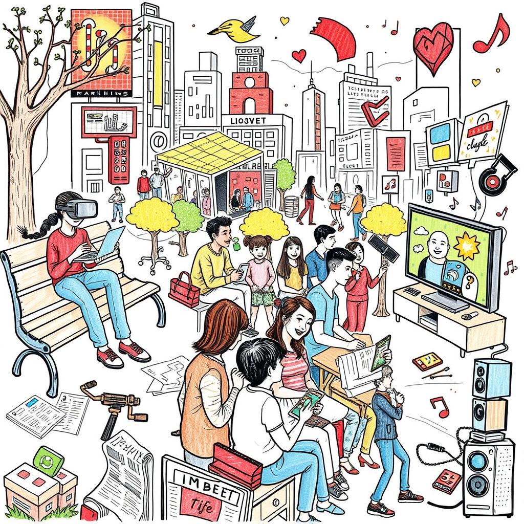 A detailed and vibrant drawing depicting various types of media influencing everyday life