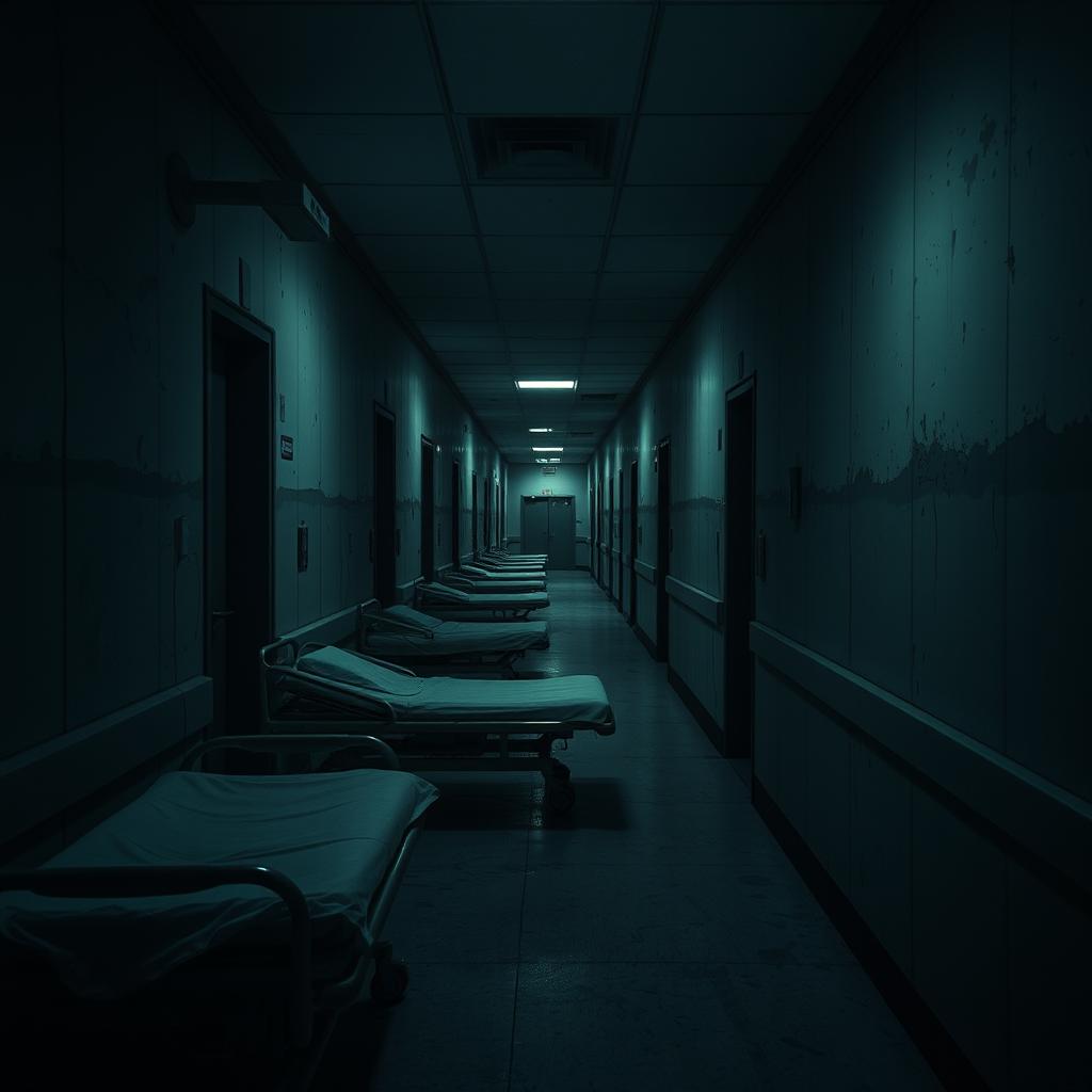 A dark and eerie hospital corridor, dim light flickering above, peeling paint on the walls, empty stretchers in the shadowy corners