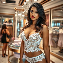 A captivating big poster of a sexy Indian model in a lingerie store, showcasing her big boobs in exquisite, white lace seductive lingerie