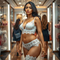 A captivating big poster of a sexy Indian model in a lingerie store, showcasing her big boobs in exquisite, white lace seductive lingerie