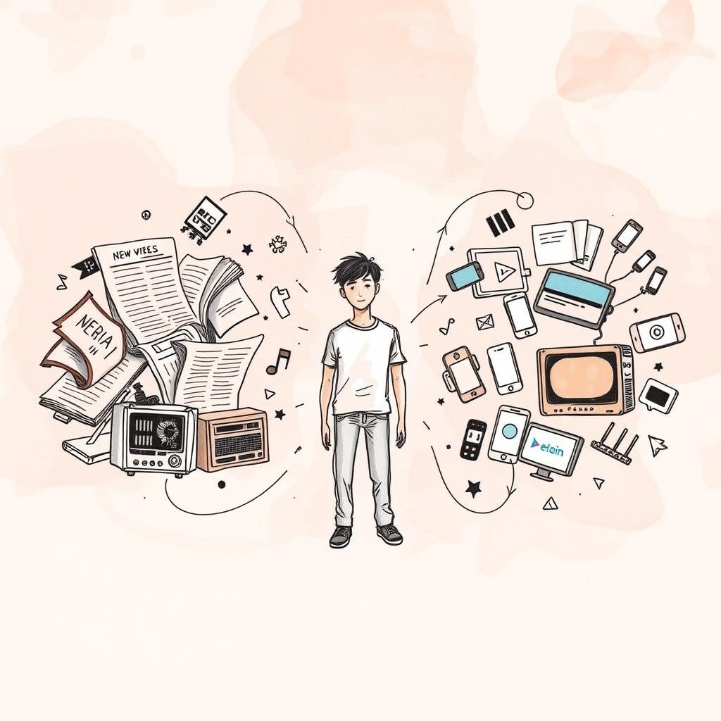 A sketched illustration showing a person in the center surrounded by various forms of media impacting their everyday life