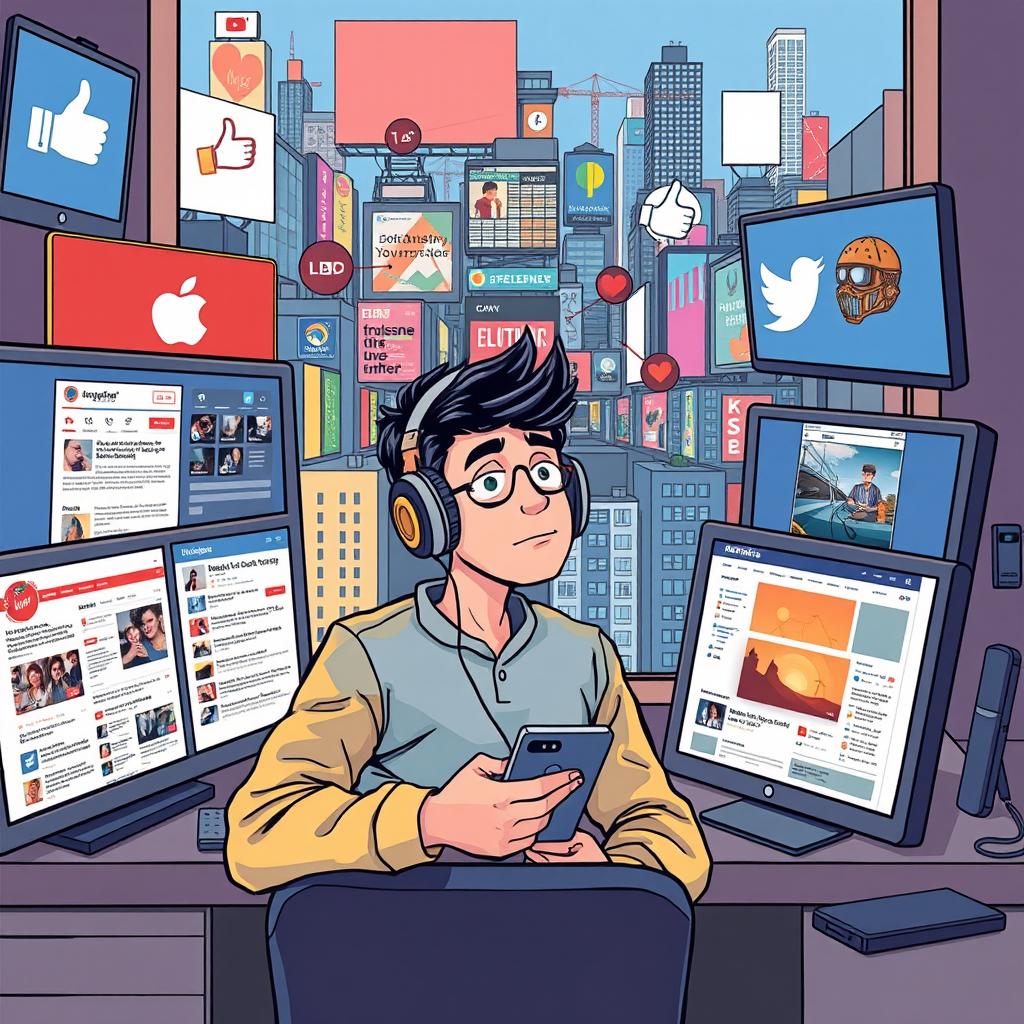 A detailed illustration representing various types of media and their influence on everyday life