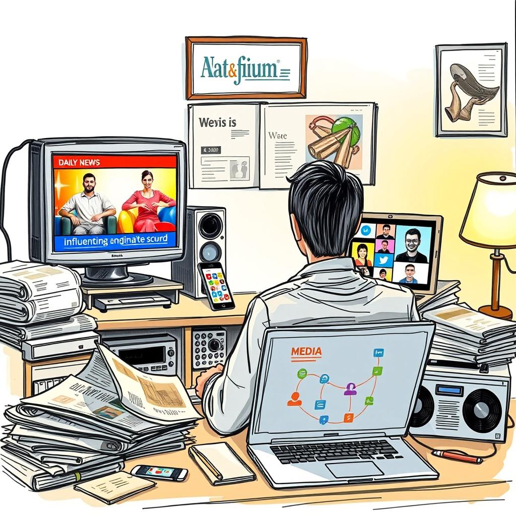 A detailed sketch showcasing various types of media influencing everyday life