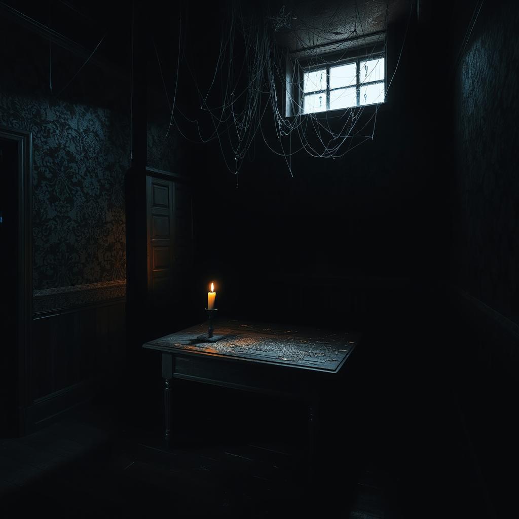 A dark and eerie room filled with shadows and an ominous atmosphere