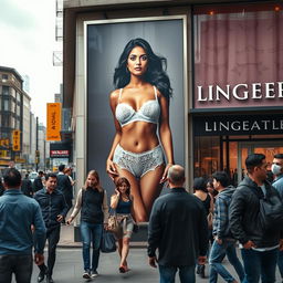 A large, eye-catching hoarding featuring a sexy Indian model displaying her big boobs in seductive white lace lingerie, prominently hanging outside a stylish lingerie store