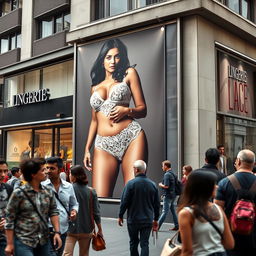 A large, eye-catching hoarding featuring a sexy Indian model displaying her big boobs in seductive white lace lingerie, prominently hanging outside a stylish lingerie store