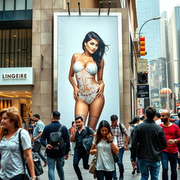 A large, eye-catching hoarding featuring a sexy Indian model displaying her big boobs in seductive white lace lingerie, prominently hanging outside a stylish lingerie store