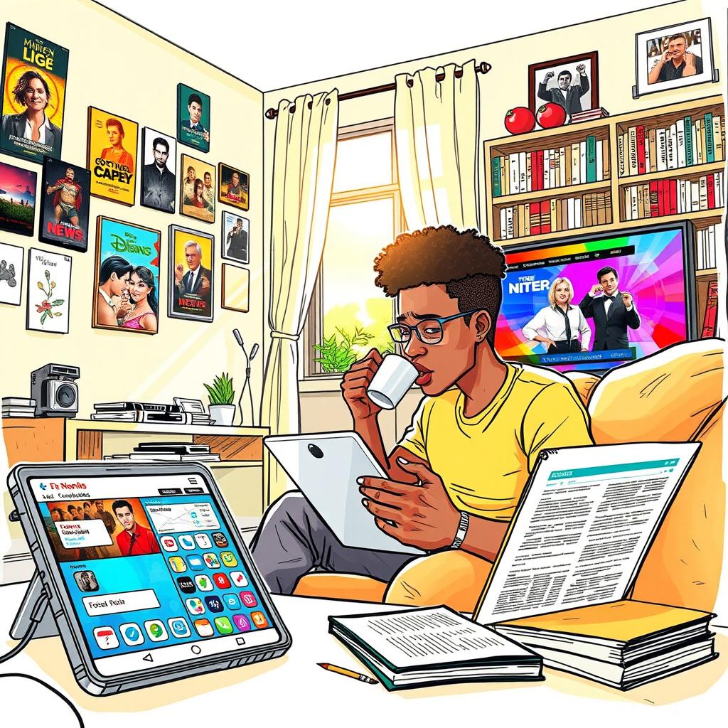 A detailed and vibrant sketch illustrating the impact of various types of media on everyday life, featuring a person in a cozy living room surrounded by multiple media sources