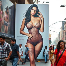 A vibrant scene featuring a large hoarding outside a lingerie store in India, showcasing a sexy Indian model displaying her big boobs in alluring lacey seductive lingerie