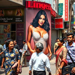 A vibrant scene featuring a large hoarding outside a lingerie store in India, showcasing a sexy Indian model displaying her big boobs in alluring lacey seductive lingerie