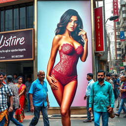 A vibrant scene featuring a large hoarding outside a lingerie store in India, showcasing a sexy Indian model displaying her big boobs in alluring lacey seductive lingerie