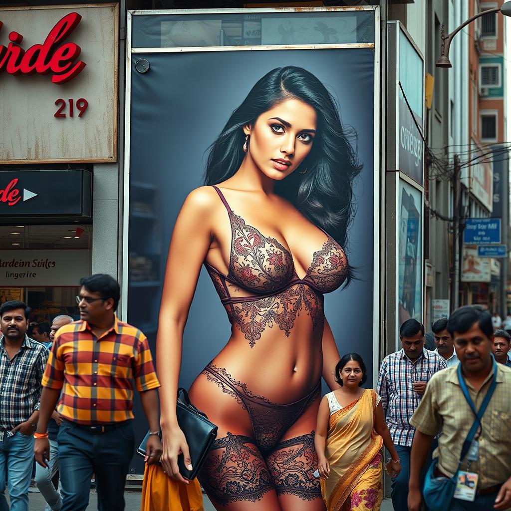 A vibrant scene featuring a large hoarding outside a lingerie store in India, showcasing a sexy Indian model displaying her big boobs in alluring lacey seductive lingerie