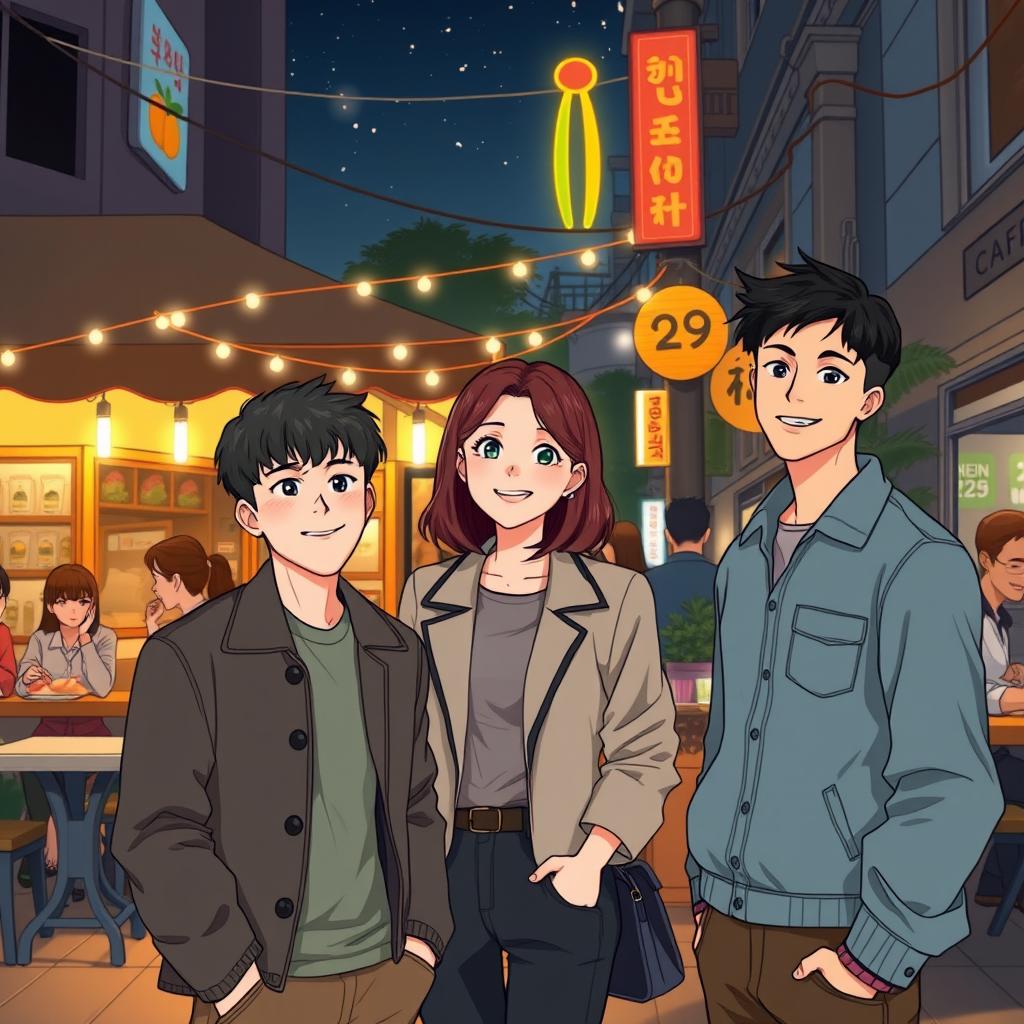 A lively street café scene at night featuring three characters: Ji-hoon, a handsome 30-year-old Korean man with a stylish look, standing confidently in front of a cozy outdoor café adorned with string lights