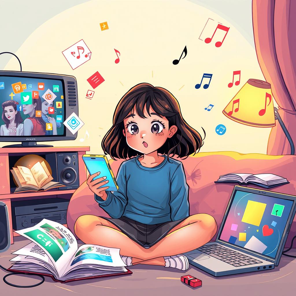 A creative and dynamic illustration depicting a girl surrounded by various types of media that influence her everyday life