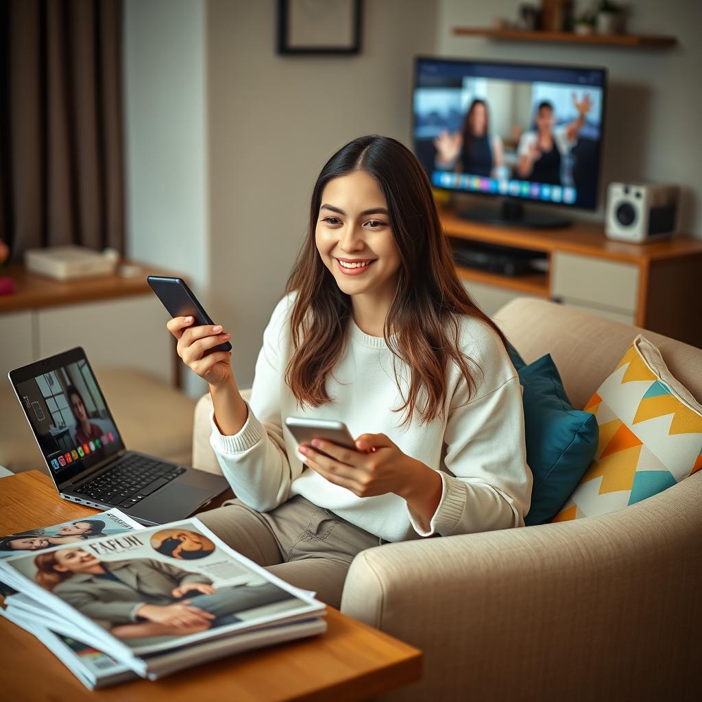 A young woman sitting in a cozy room, surrounded by various types of media that affect her everyday life