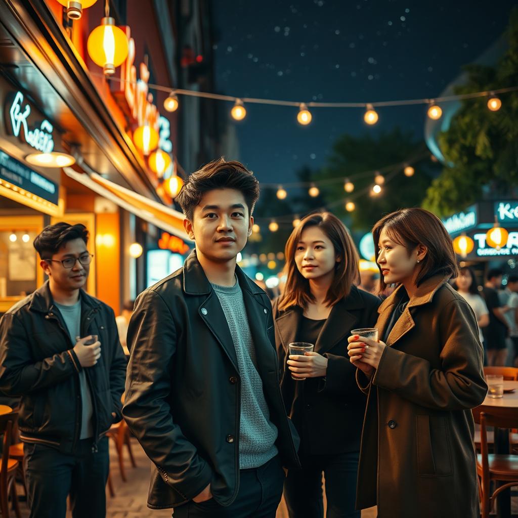 A vibrant street café scene at night illuminated by warm lights