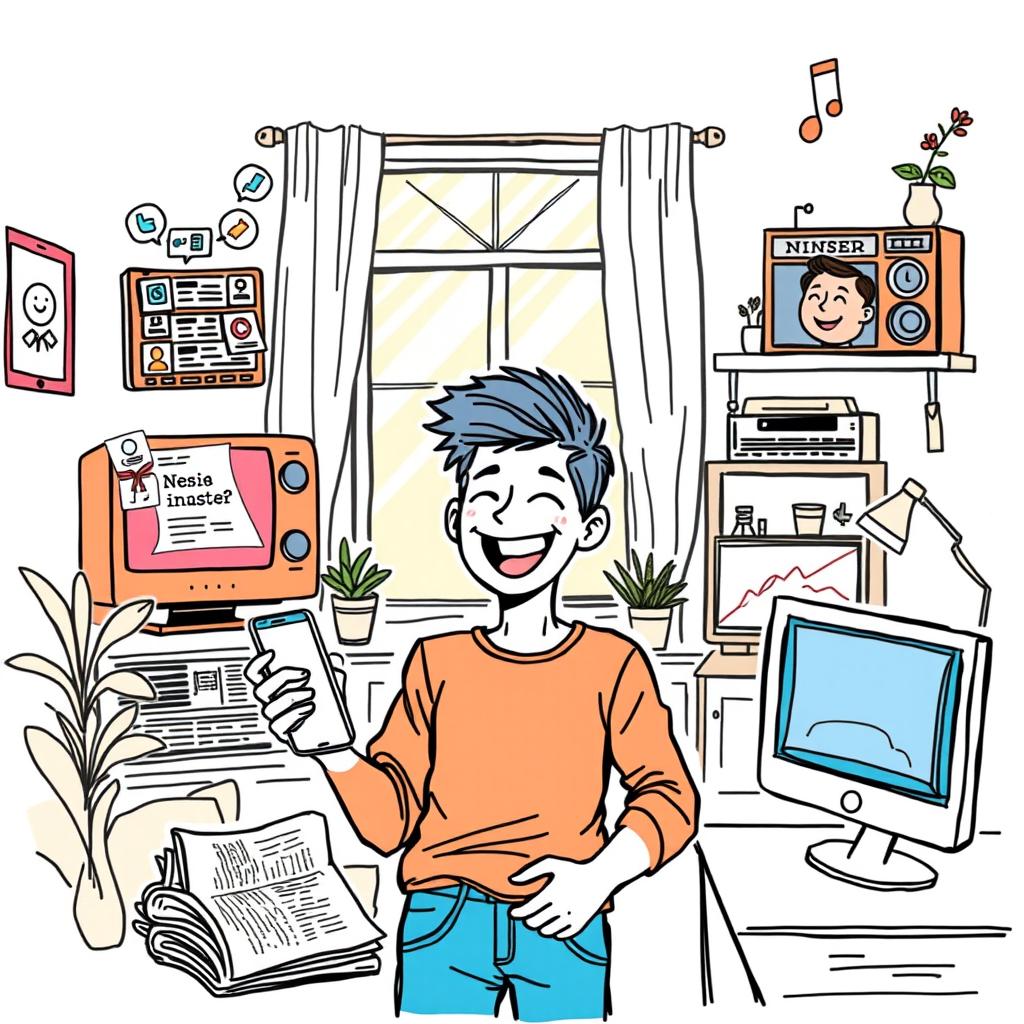 A vibrant sketch depicting various types of media influencing daily life, including social media on a smartphone with notifications popping up, television playing in the background showing news, radio with musical notes, a newspaper on a table, and a computer with streaming video