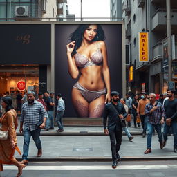 A striking scene featuring a large hoarding outside a lingerie store in India, prominently displaying a sexy Indian model showcasing her big boobs in seductive lacey lingerie