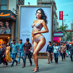 A striking scene featuring a large hoarding outside a lingerie store in India, prominently displaying a sexy Indian model showcasing her big boobs in seductive lacey lingerie