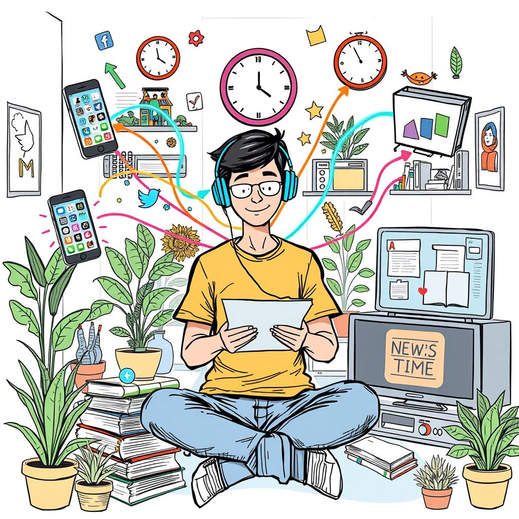 A vibrant and engaging sketch illustrating the impact of various types of media on everyday life