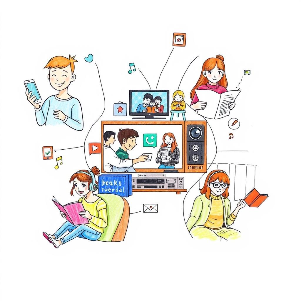 A conceptual drawing that illustrates the impact of different types of media on everyday life