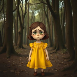 A poignant scene featuring Lily, a young girl wearing a bright yellow dress, standing in a dense brown forest