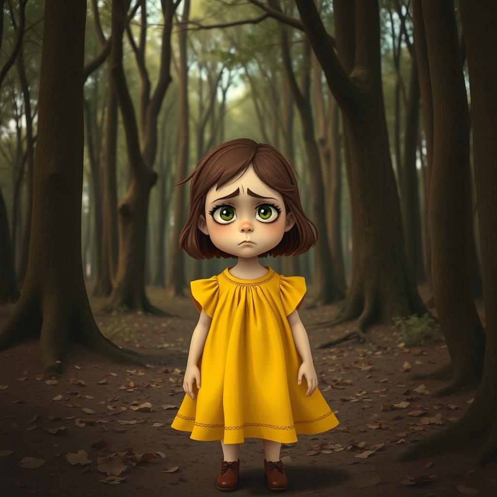 A poignant scene featuring Lily, a young girl wearing a bright yellow dress, standing in a dense brown forest