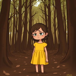 A poignant scene featuring Lily, a young girl wearing a bright yellow dress, standing in a dense brown forest