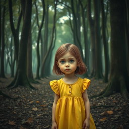 A poignant scene featuring Lily, a young girl wearing a bright yellow dress, standing in a dense brown forest