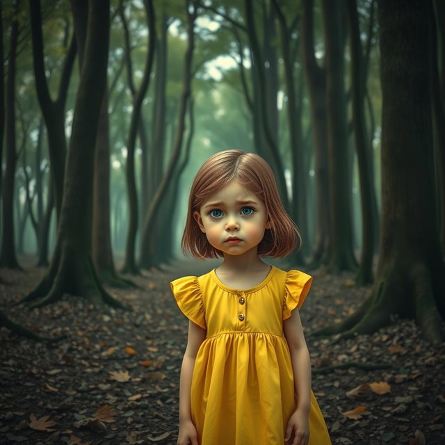 A poignant scene featuring Lily, a young girl wearing a bright yellow dress, standing in a dense brown forest