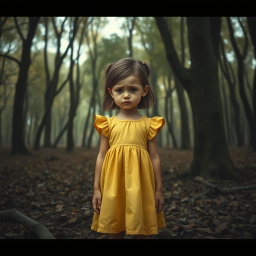 A poignant scene featuring Lily, a young girl wearing a bright yellow dress, standing in a dense brown forest